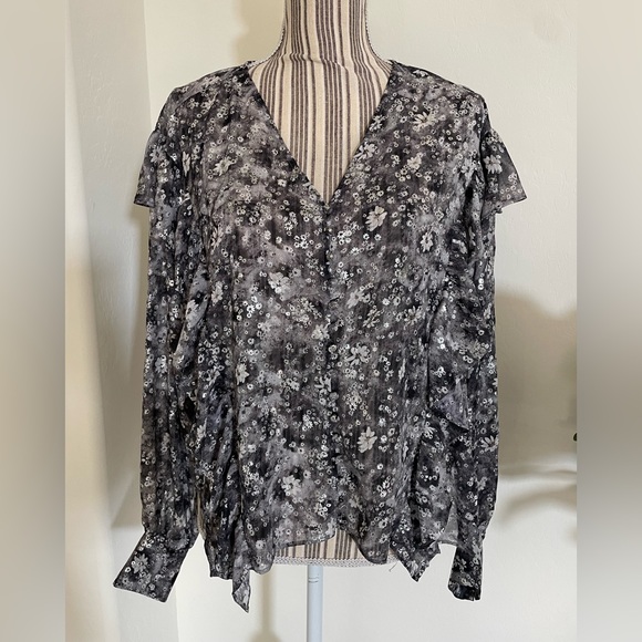 The Kooples Flowing Silver Top With Floral Print Black-Ecru - Picture 11 of 12